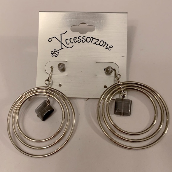 Two-Pair Earring Set - 1 Studs, 1 Dangling Triple Hoops w/Accent Stone - Picture 3 of 10